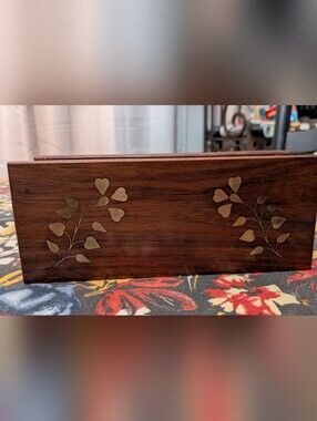 Vintage Wood Letter Holder: Brass Inlay, Hand Crafted in India